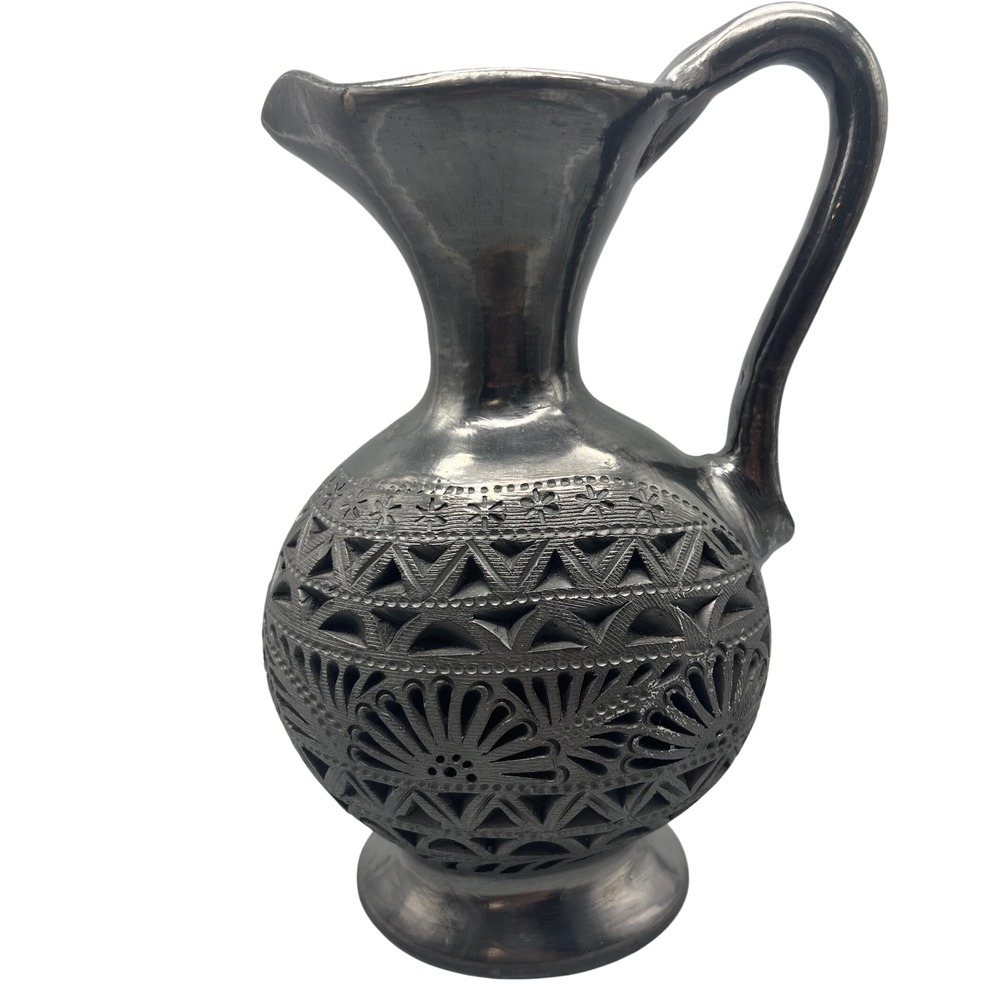 Vintage‎ Barro Negro Pottery Pitcher Floral Cutout Mexico Signed Dona Rosa